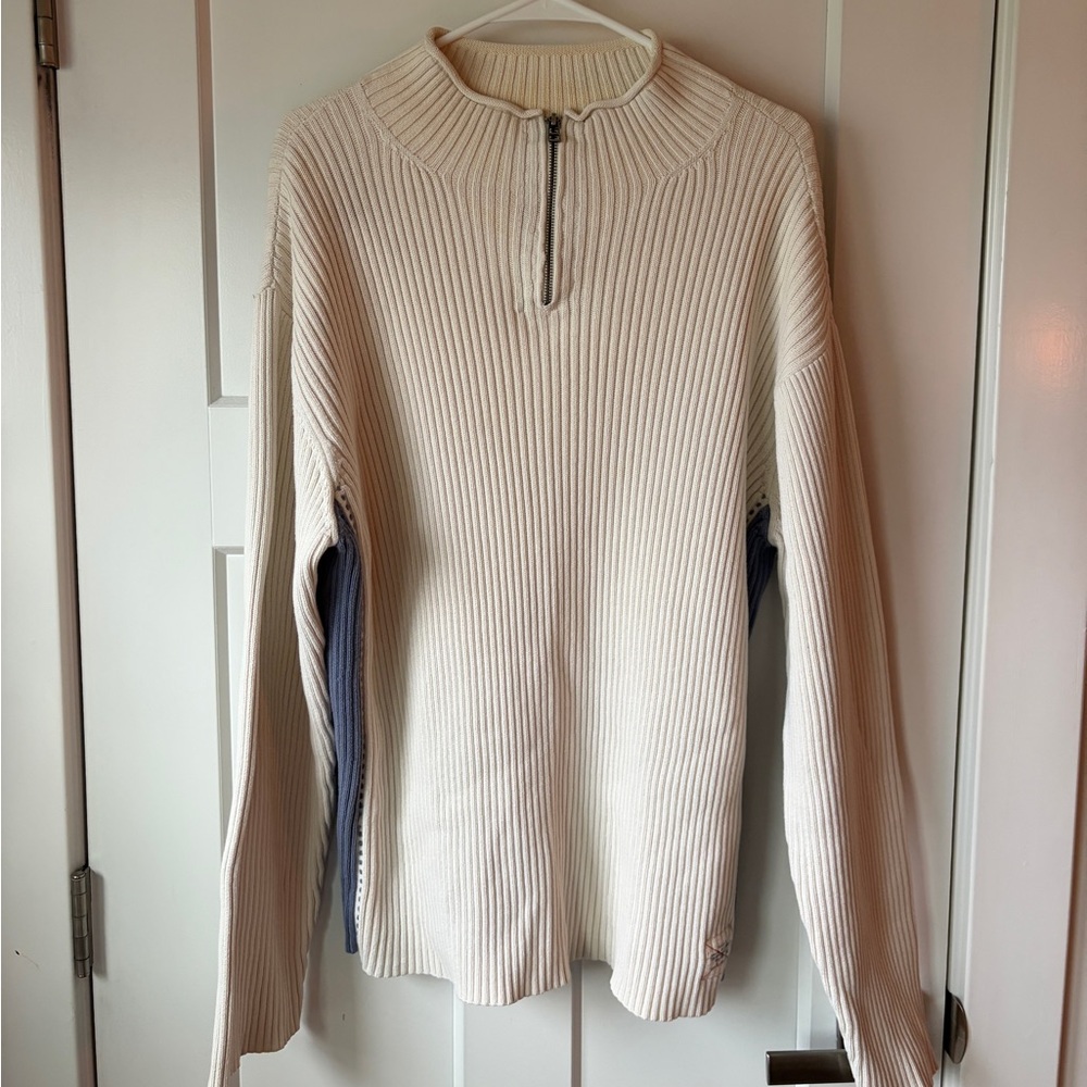GUESS Cream and Blue Quarter Zip Sweater